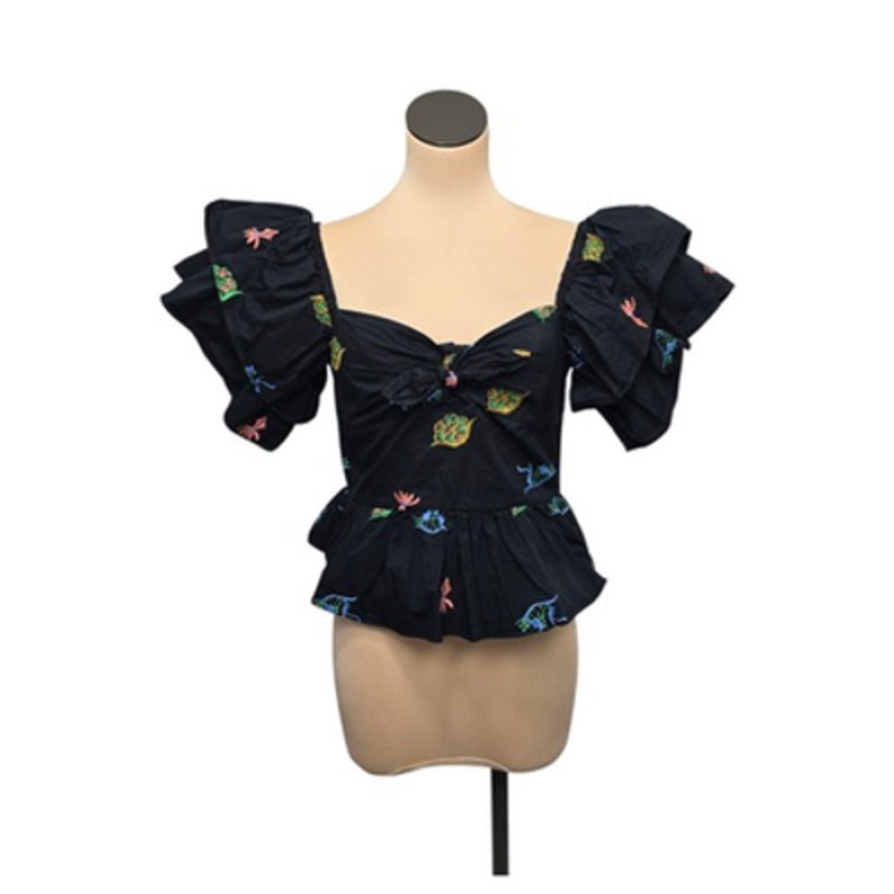 Hofmann Copenhagen Blouse Womens 38 Embroidered Puff Sleeve‎ Mikaela Peplum Top